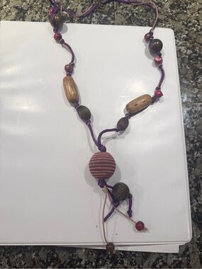Hand Crafted Purple Cord Necklace with Striped Pendant and Mixed Beads